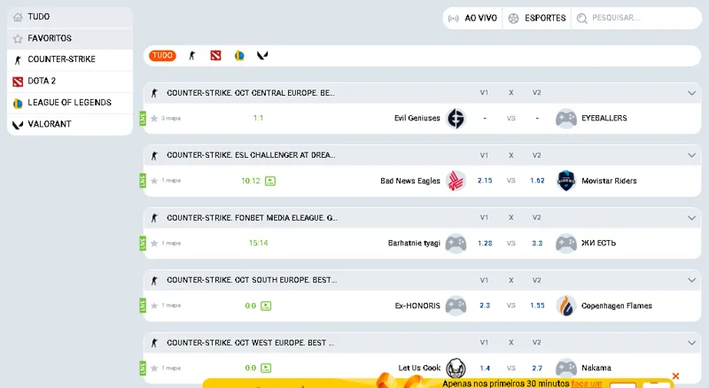 Linha de apostas em eSports na Mostbet