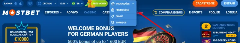 Seção de códigos promocionais no site da Mostbet
